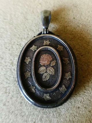 Solid Silver Antique Locket Pendant Inlaid With 2 Colours Of Gold