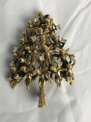 Rare Kirks Folly Angel Cherub Crystal Rhinestone Christmas Tree Brooch Pin Htf