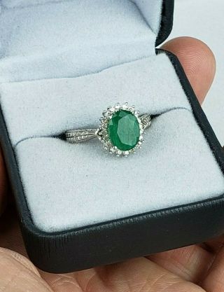 Vintage 10K White Gold Emerald and Diamond Ring Signed Size 7 2
