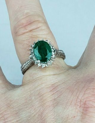 Vintage 10K White Gold Emerald and Diamond Ring Signed Size 7 3