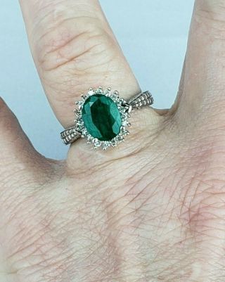 Vintage 10K White Gold Emerald and Diamond Ring Signed Size 7 4
