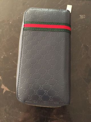 Authentic Vintage Gucci Continental Wallet Women Navy Leather In Italy Euc