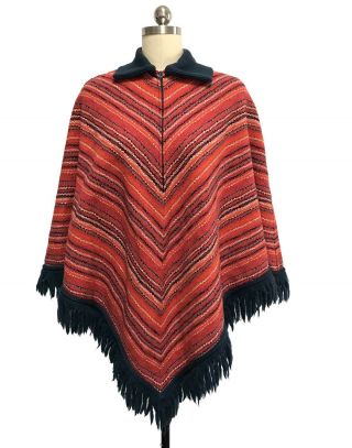 Vtg 60s Pendleton Knockabouts Fringed Poncho Cape Zipper Striped Campus Preppy M