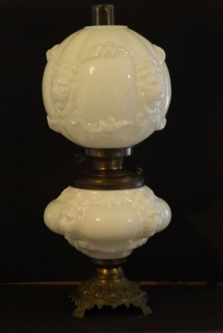 Large 24 " Vintage Milk Glass Puffy Lion Heads Gone With The Wind Parlor Lamp
