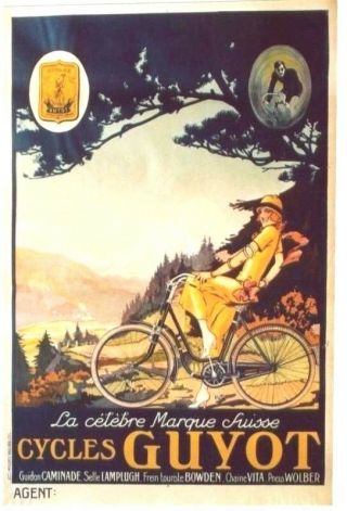 Vintage Poster Swiss Cycles Guyot Lady C.  1920