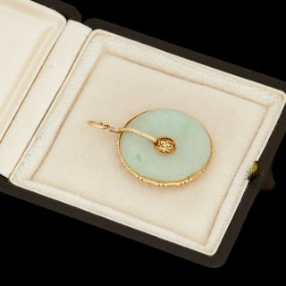 Antique Vintage Art Deco 14k Gold Chinese Jadeite Jade Disc Necklace Pendant