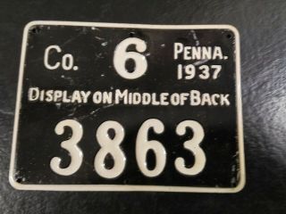 Vintage 1937 Pennsylvania Hunting Metal License Plate