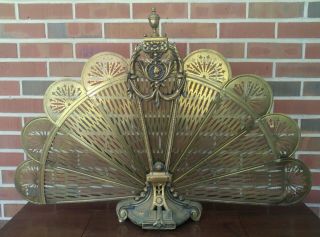Vintage Brass Fireplace Fan Peacock Screen With Victorian Cameo 38 Inches