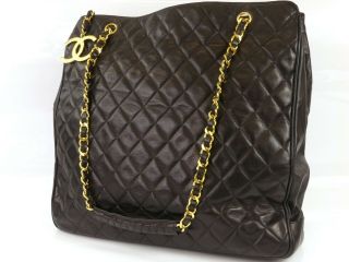 Rk1277 Auth Vintage Chanel Black Lambskin Cc Charm Large Chain Shopper Tote Bag