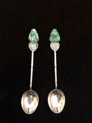 Vintage Pair Chinese Wai Kee Sterling Silver Tea Spoons Jade Buddha Bamboo