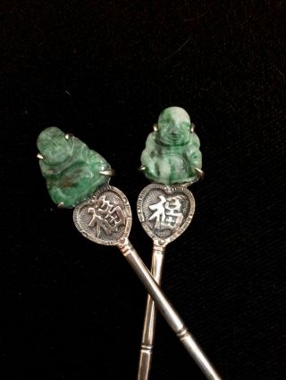 Vintage Pair Chinese WAI KEE Sterling Silver Tea Spoons Jade Buddha Bamboo 2