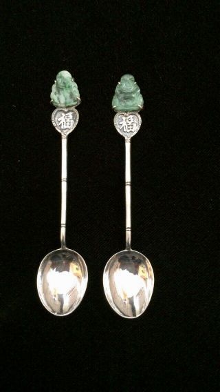 Vintage Pair Chinese WAI KEE Sterling Silver Tea Spoons Jade Buddha Bamboo 4