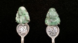 Vintage Pair Chinese WAI KEE Sterling Silver Tea Spoons Jade Buddha Bamboo 5