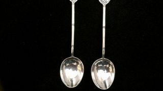 Vintage Pair Chinese WAI KEE Sterling Silver Tea Spoons Jade Buddha Bamboo 6