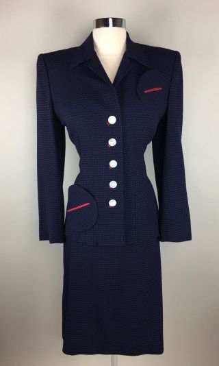 Vintage 1940s Navy Blue Micro Polka Dot Suit Jacket Skirt Set W/ Circle Pockets