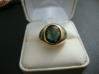 Vintage 10k Solid Yellow Gold Green Gemstone Diamond Accented Mens Ring 7.  8gr