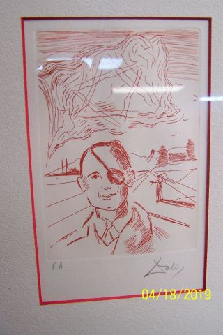 Vintage Salvador Dali Hand - Signed Etching of Moshe Dayan - Artist Proof (E.  A. ) 2