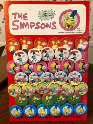 Rare Vintage 1990 The Simpsons Store Display With 40 Pinback Buttons