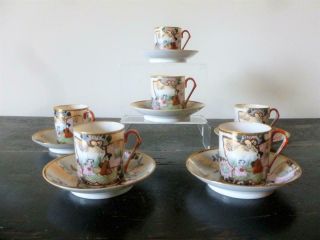 Antique Meiji 6 Japanese Hand Painted Porcelain Cups & Saucers Coffee? Signed