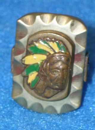 Vintage Mexican Biker’s Ring Brass W/ Copper & Enamel Indian Chief Size 9.  5,