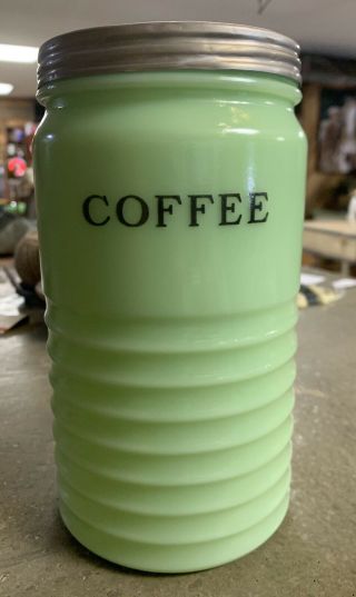 Vintage Jeannette Glass Jade - Ite /jadeite Jadite Round Ribbed Coffee Canister