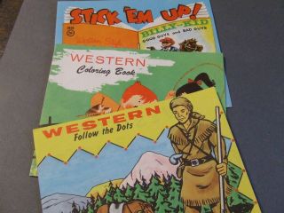 3 Vintage Toy Western Activity Books Coloring Stickers