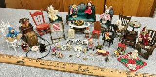 Vintage 60 Piece Dollhouse Miniature Furniture Doll Couch Chairs Vacuum Lamp Etc