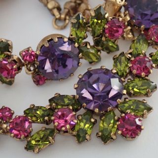 Dazzling Vintage Austria Gold Plate Green Purple Pink Rhinestone Necklace