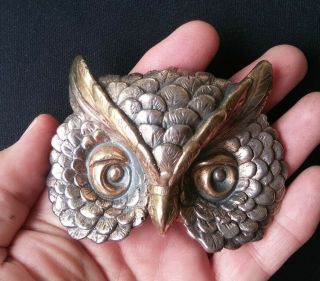 Massive Signed Yaacov Heller Owl Head Sterling Silver Two - Tone Pin Brooch