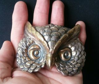 MASSIVE Signed Yaacov Heller OWL HEAD Sterling Silver Two - Tone Pin Brooch 2