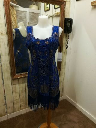 Retro Unique Vintage Deco Roaring 20s Blue Gold Flapper Fringe Dress Medium