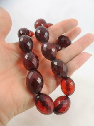 Vintage Art Deco Cherry Amber Bakelite Facetted Large Bead Necklace 19 " 90.  5gs