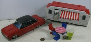 Vintage 1962 Bandai Friction Ford Falcon & House Van Japan Tin