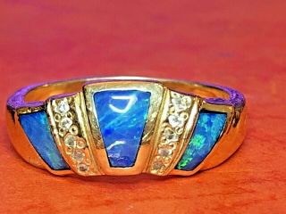 Estate Vintage 14k Gold Natural Australian Opal Diamond Ring Wedding Band