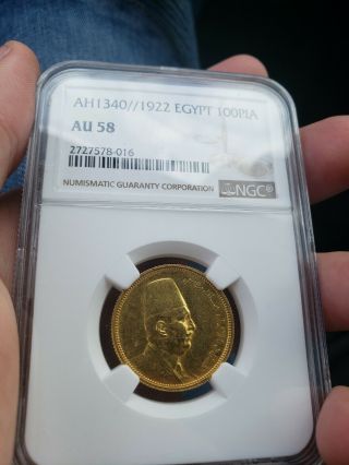 1922 100 Piastres Gold King Fuad Egypt Coin Ngc Au 58 Rare