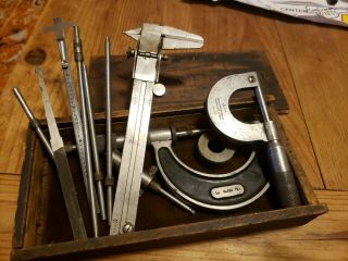 Vintage STARRETT MICROMETER Box set Machinist Tool Wood collector ' s 3