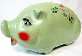 Antique Vintage 1946 United Gift Mfg Co Large Green Ceramic Piggy Bank