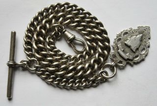 Antique Solid Silver Albert Pocket Watch Chain,  T Bar And Fob.  Circa 1900/01.