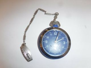 Vintage Ruhla German Pocket Watch Blue Face And Case Kal - 83 - 31 Added Radio Chain