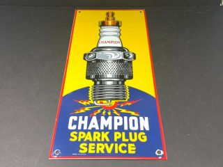 Vintage Champion Spark Plug Service Gas Station Porcelain Oil Sign 18 " X 8 " Fuel