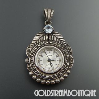 Elegant Vintage Sterling Silver Blue Topaz And Marcasite Quartz Watch Pendant