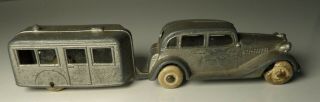 Vintage 1043 Tootsietoy 1935 Silver Ford Sedan W/ Travel Trailer Camper 5 3/8 "