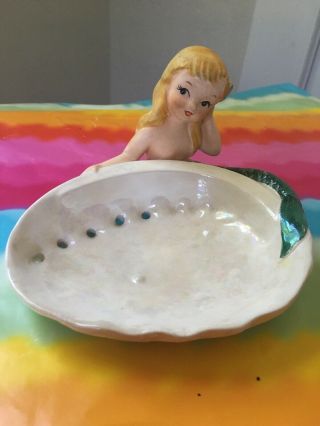 Vintage Lefton ? Mermaid Soap Dish Clam Shell Seashell 50s Ring Holder