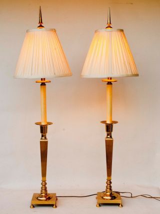 Vintage Tall Pair Ethan Allen Candlestick Table Lamps Brass With Shades