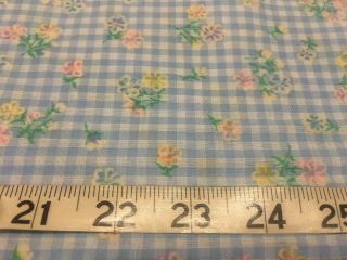 Vintage Flocked Floral Dotted Swiss Blue White Checks Fabric Remnant Scrap Piece