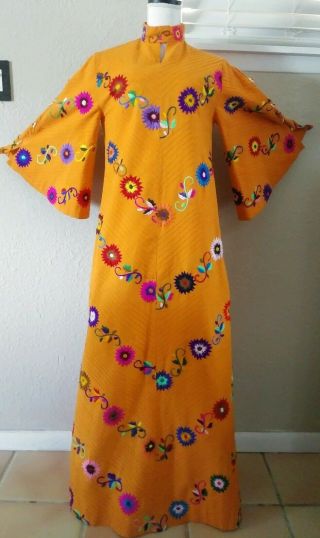 Vintage 60s Orange Tunic Caftan Hawaiian Dress Hippie Mexico Boho Maxi L Xl