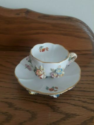 Antique Meissen Porcelain Applied 3d Flower Demitasse Cup & Saucer Set