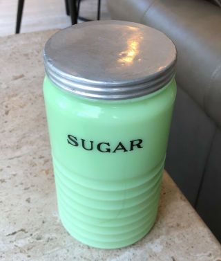 Vintage Jeannette Glass Jade - ite Jadeite Jadite Round Ribbed SUGAR Canister Jar 2