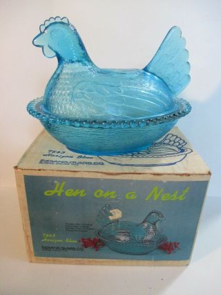 Vintage Indian Glass 7845 Horizon Blue Hen On A Nest Chicken In A Basket Box