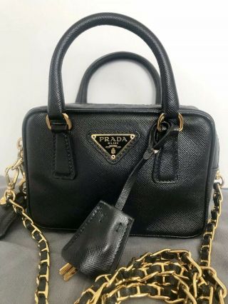 Rare Black Gold Prada Crossbody Mini Micro Saffiano Leather Bag W/ Lock